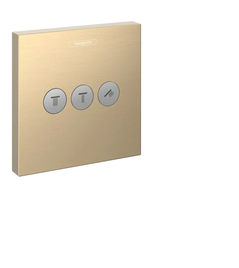 Hansgrohe Bedienpanel in Brushed Bronze für die Steuerung von drei Verbrauchern, mit drei Tasten für verschiedene Funktionen auf einer flachen, quadratischen Oberfläche.